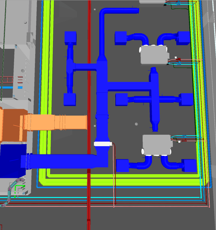 Data centre plantroom before MEP coordination — congested pipework and HVAC equipment with spatial clashes
